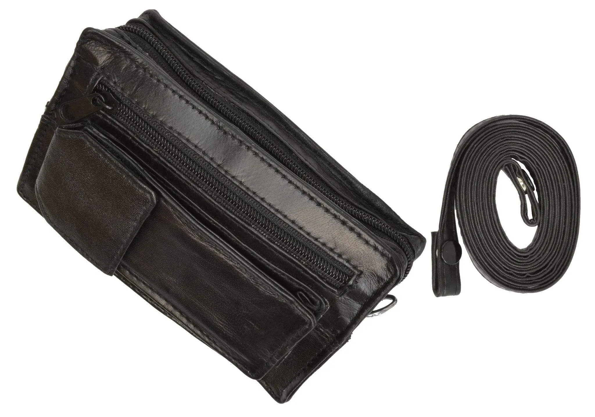 Genuine Leather Small Black Organizer Purse Pouch with Strap 129 (C)