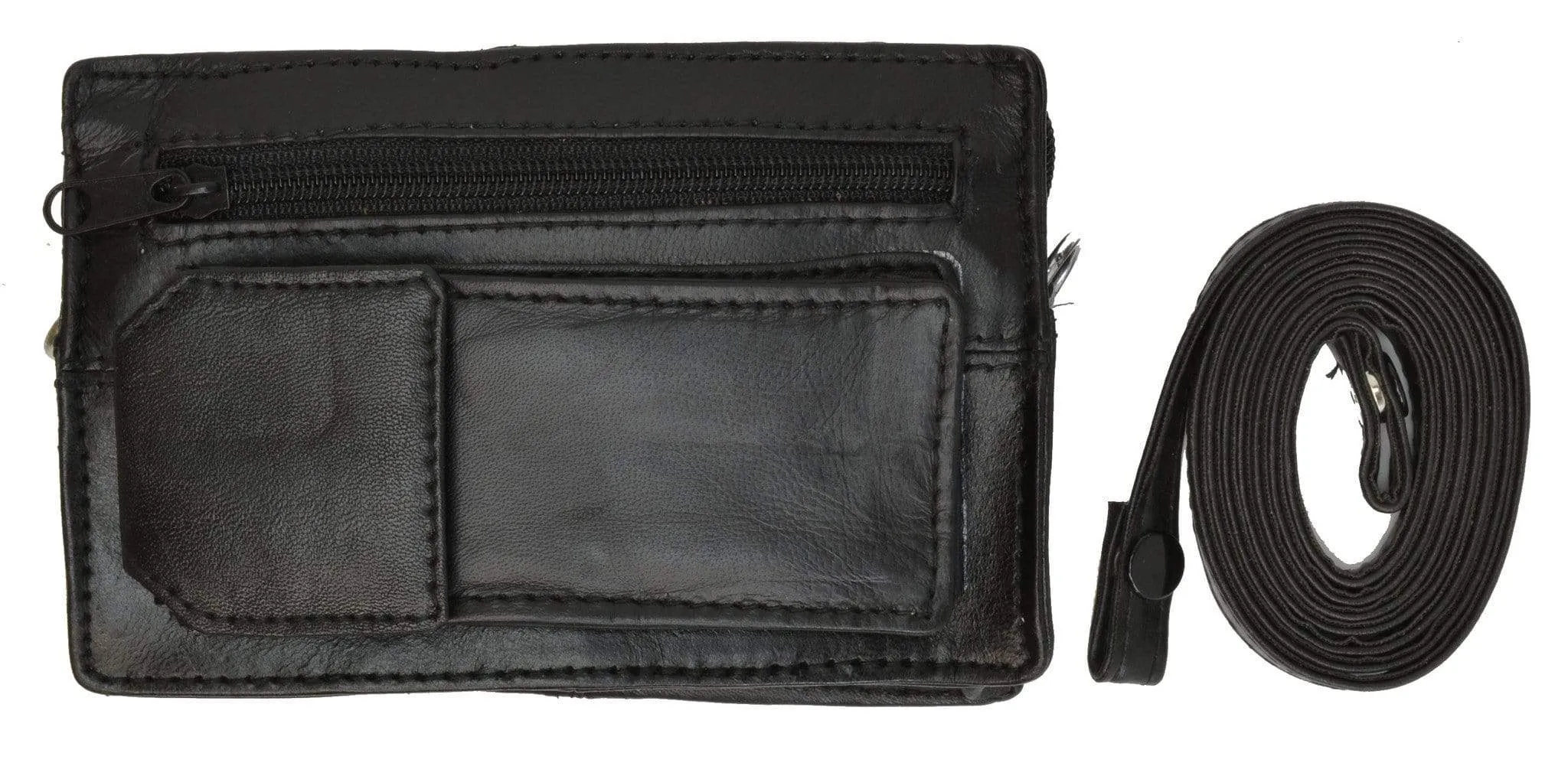 Genuine Leather Small Black Organizer Purse Pouch with Strap 129 (C)