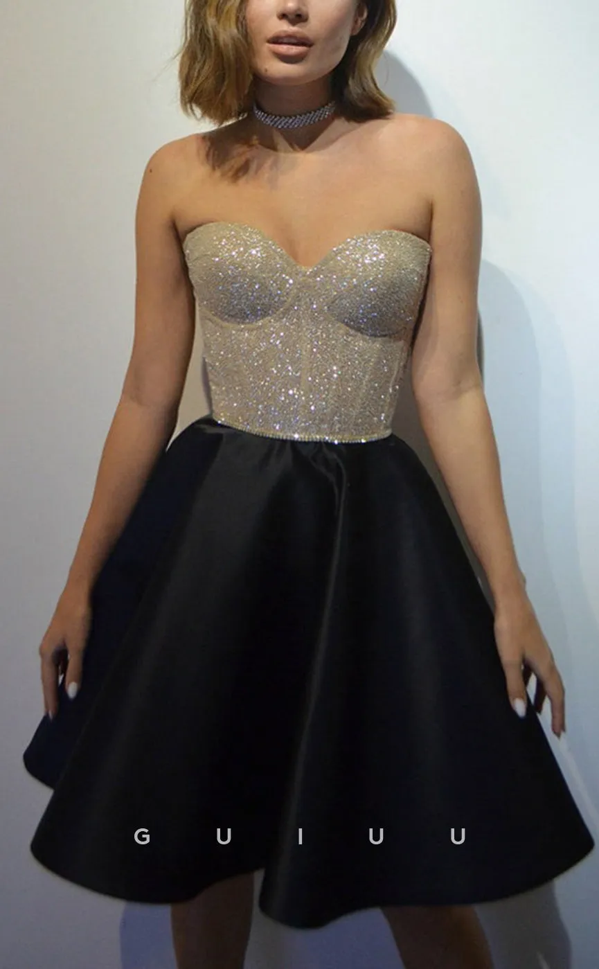 GH594 - Sexy Hot A-Line Sparkle Strapless Paneled Gown Satins Short Homecoming Dress