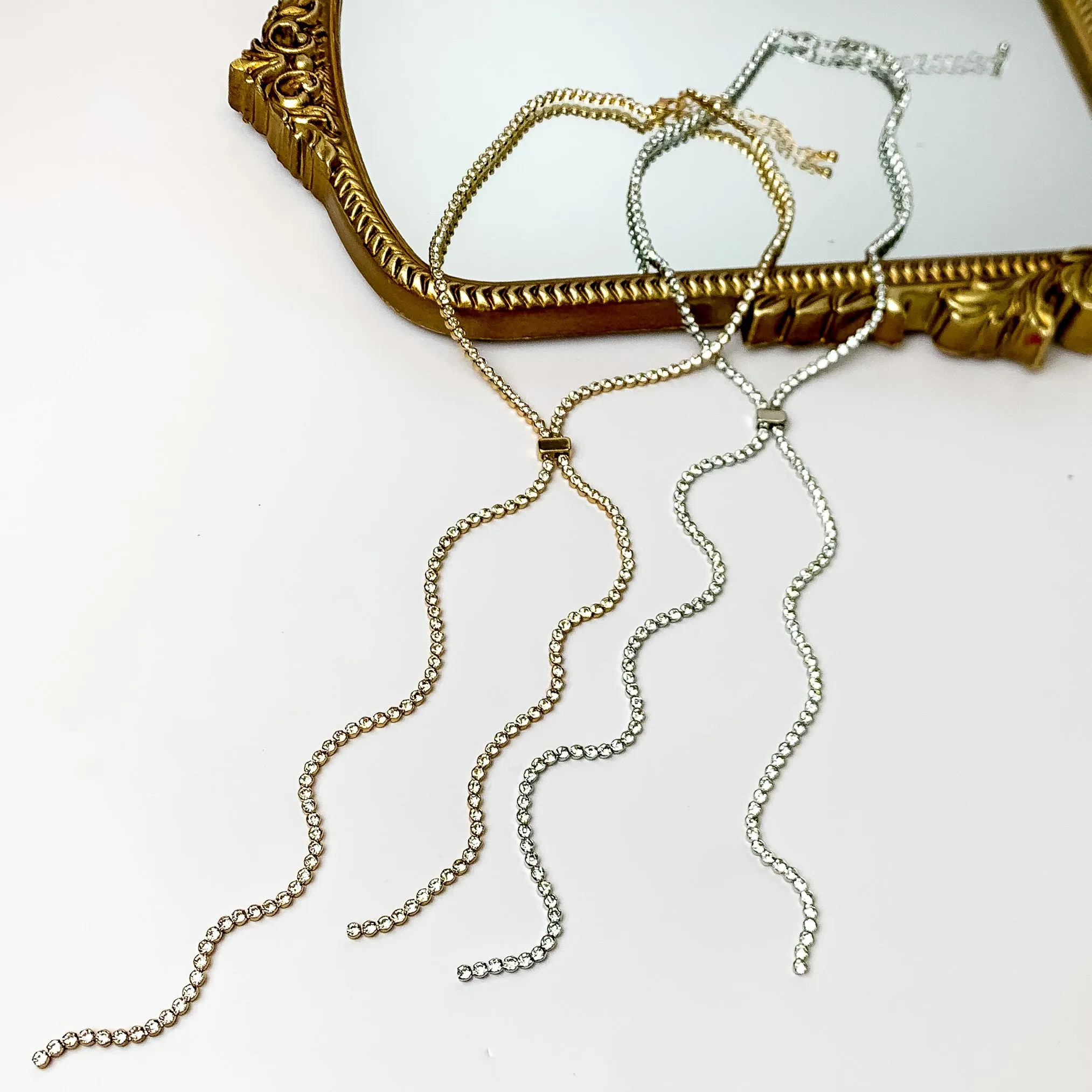Glamorous Gold Tone Y Necklace With Clear Crystals