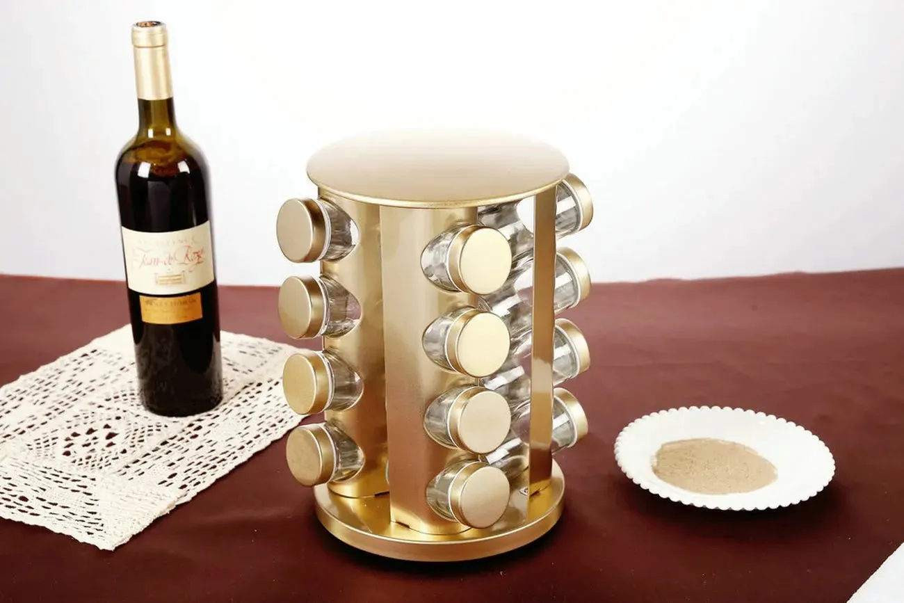 Gold Rotating Spice Rack with 16 Jars