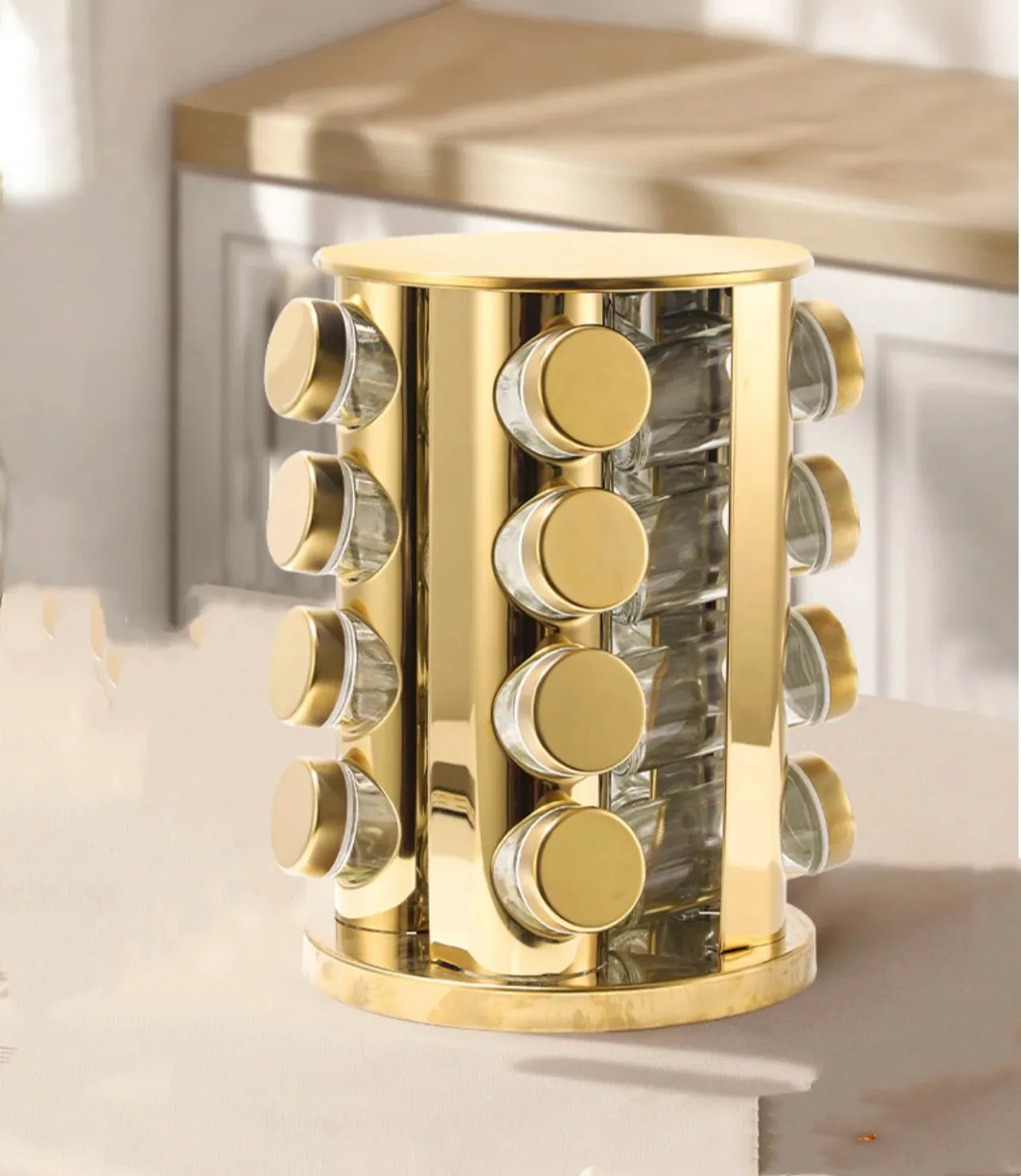 Gold Rotating Spice Rack with 16 Jars