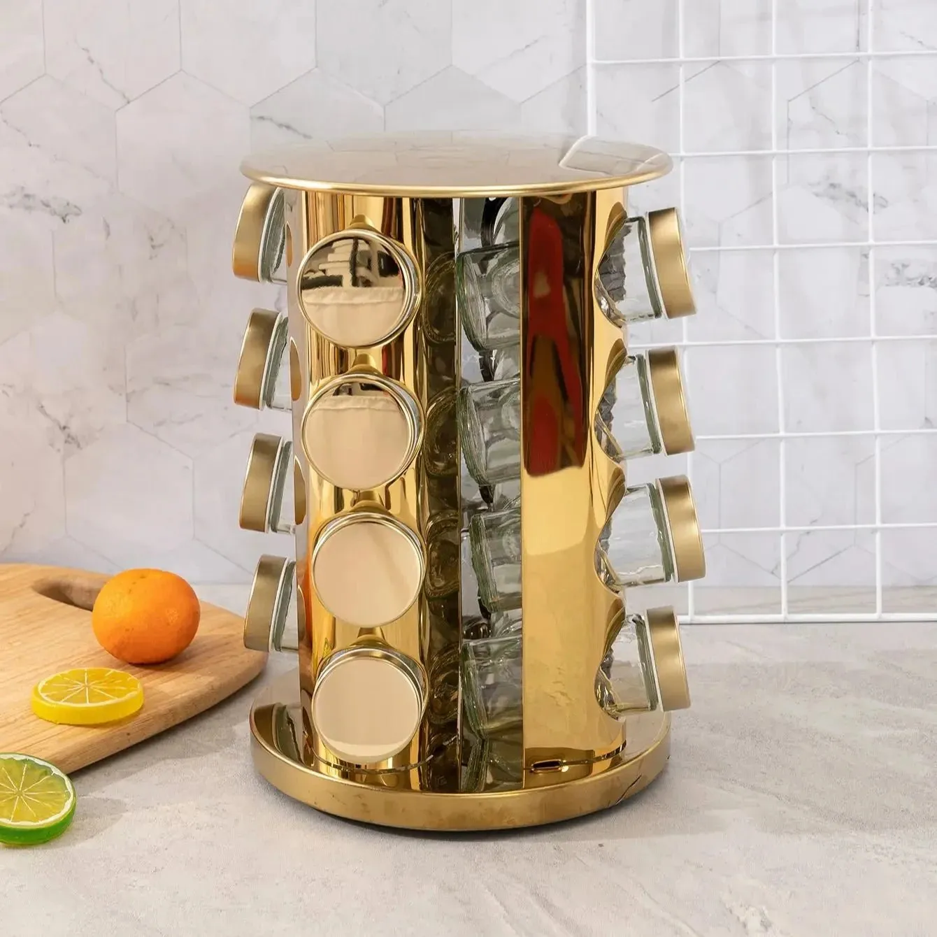 Gold Rotating Spice Rack with 16 Jars