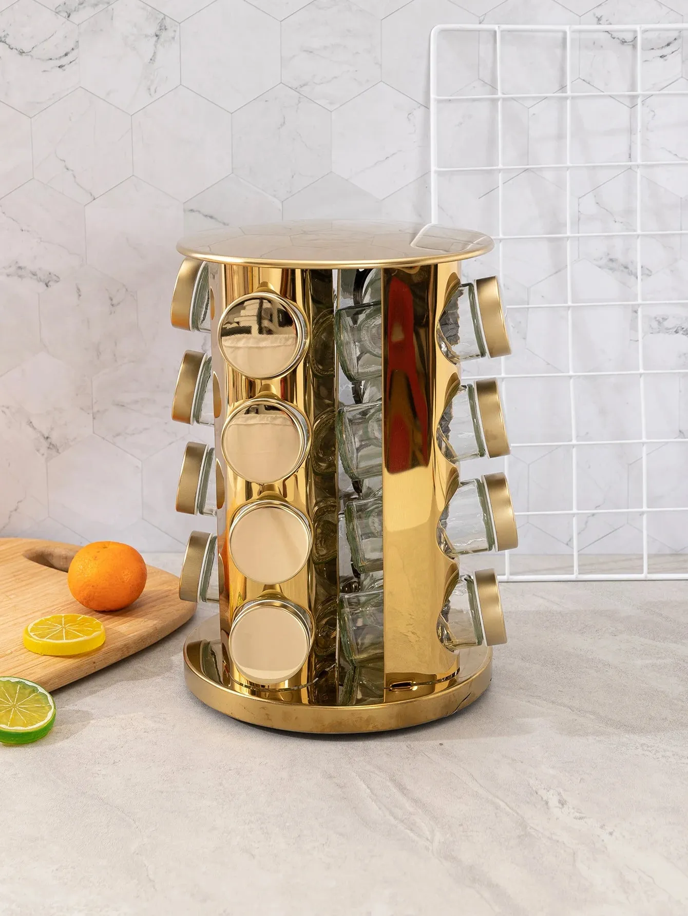 Gold Rotating Spice Rack with 16 Jars