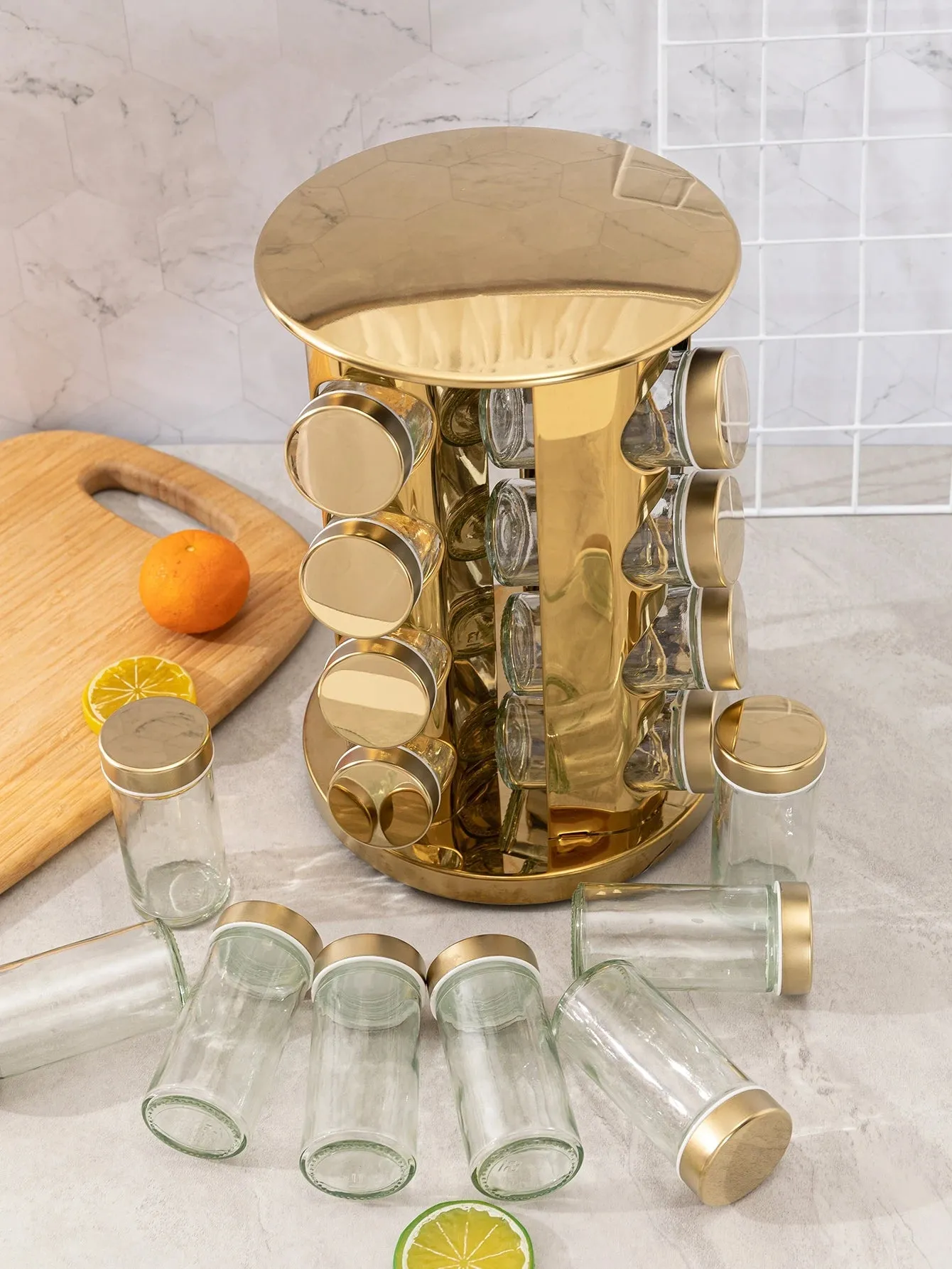 Gold Rotating Spice Rack with 16 Jars