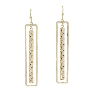 Gold Textured Open Rectangle with Chain 2" Earring