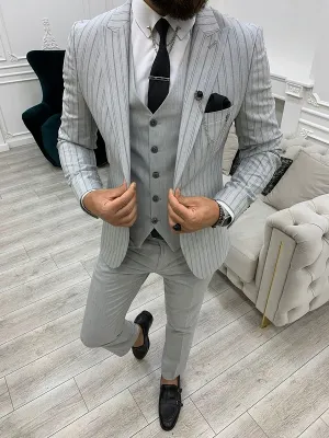 Gray Slim Fit Peak Lapel Striped Suit by GentWith | Worldwide Shipping