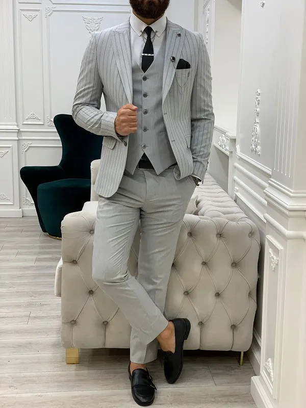 Gray Slim Fit Peak Lapel Striped Suit by GentWith | Worldwide Shipping