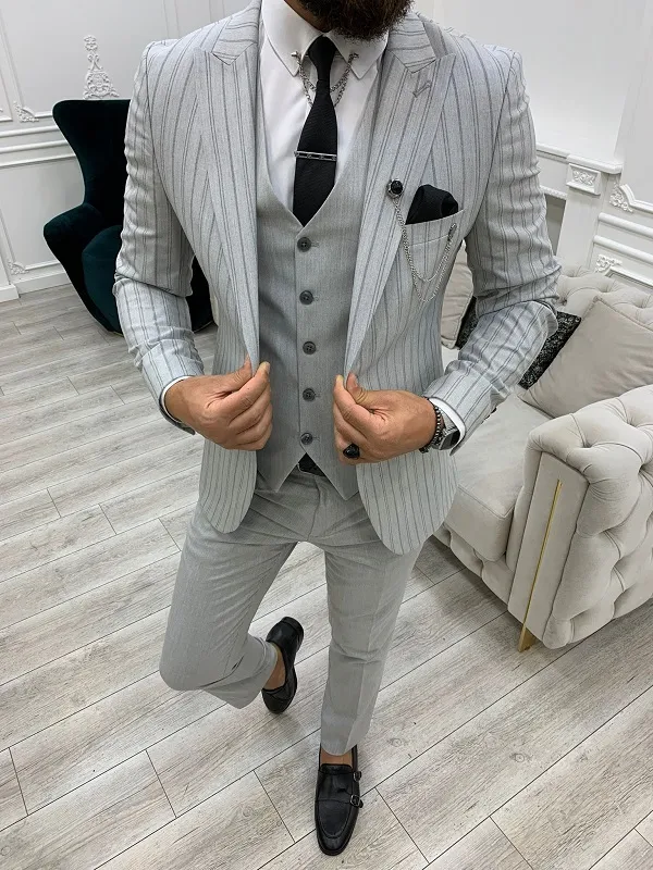 Gray Slim Fit Peak Lapel Striped Suit by GentWith | Worldwide Shipping