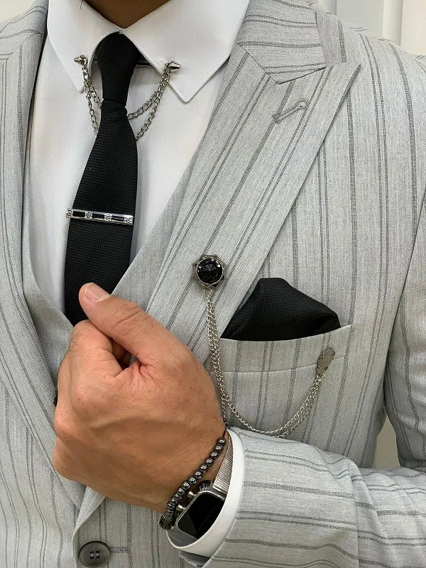 Gray Slim Fit Peak Lapel Striped Suit by GentWith | Worldwide Shipping