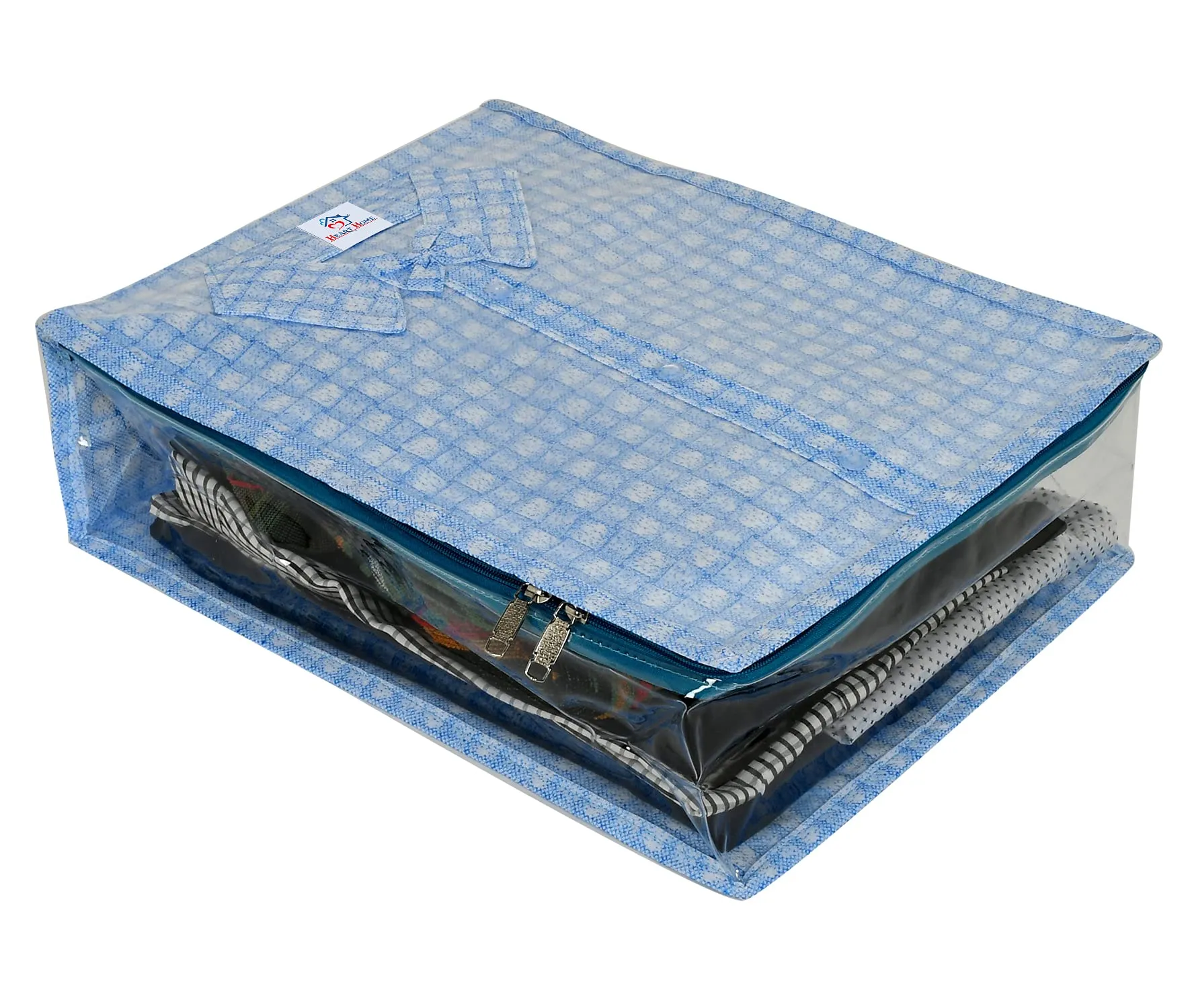 Heart Home Check Design Laminated PVC Transaparent Shirt Cover Bag (Blue)-HS_38_HEARTH21285