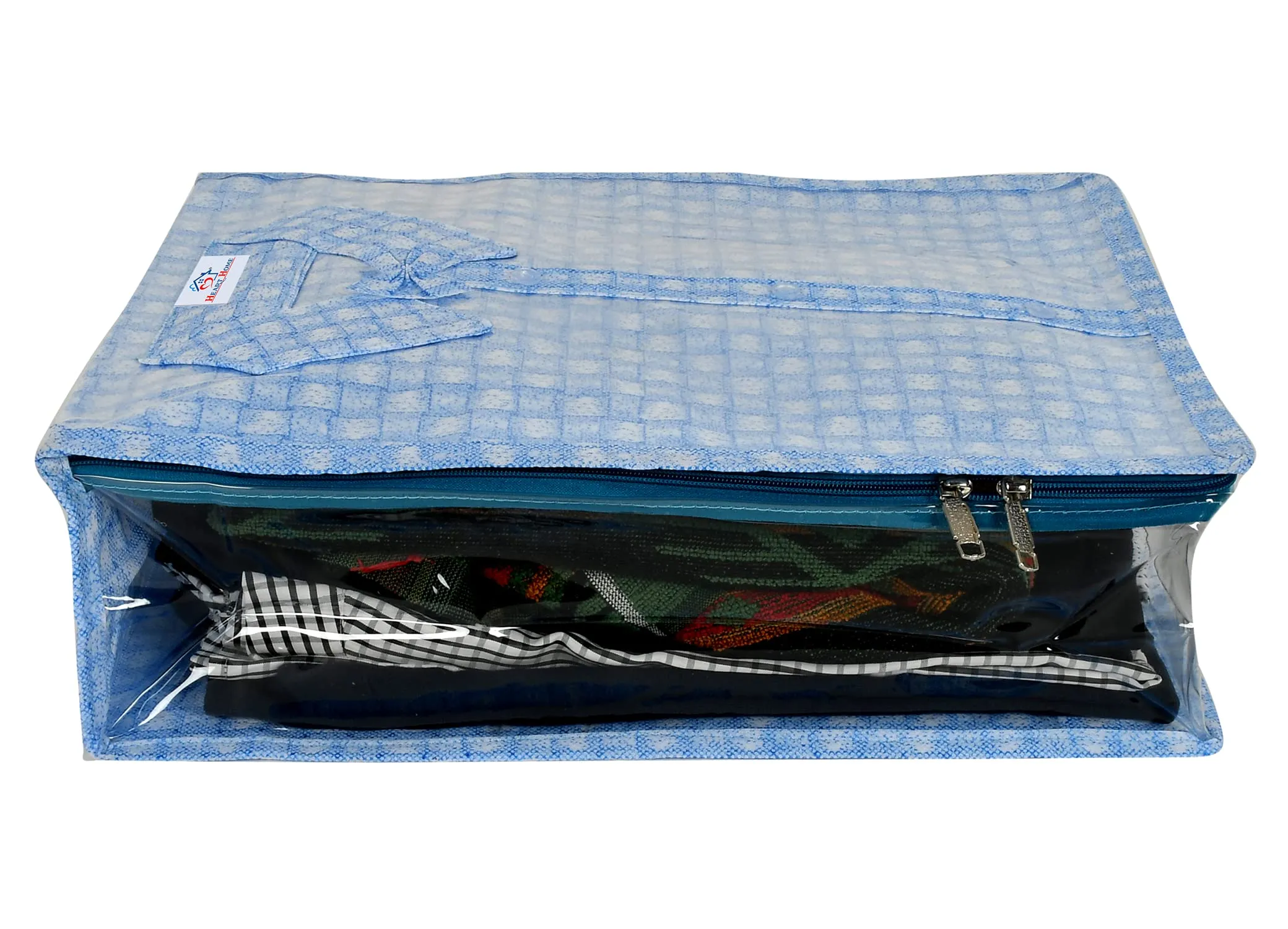 Heart Home Check Design Laminated PVC Transaparent Shirt Cover Bag (Blue)-HS_38_HEARTH21285