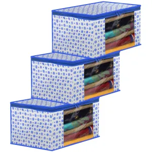 Heart Home Dot Printed Foldable, Lightweight Non-Woven Saree Cover/Organizer With Tranasparent Window- Pack of 3 (Blue)-46HH0493