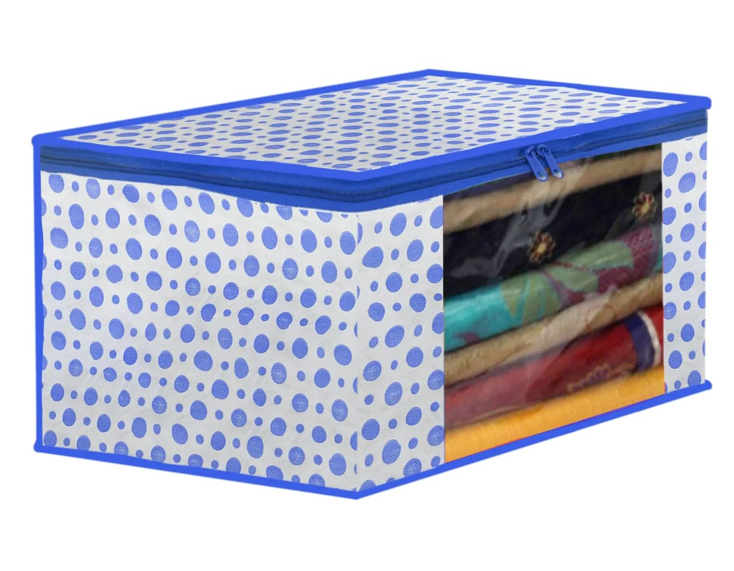 Heart Home Dot Printed Foldable, Lightweight Non-Woven Saree Cover/Organizer With Tranasparent Window- Pack of 3 (Blue)-46HH0493