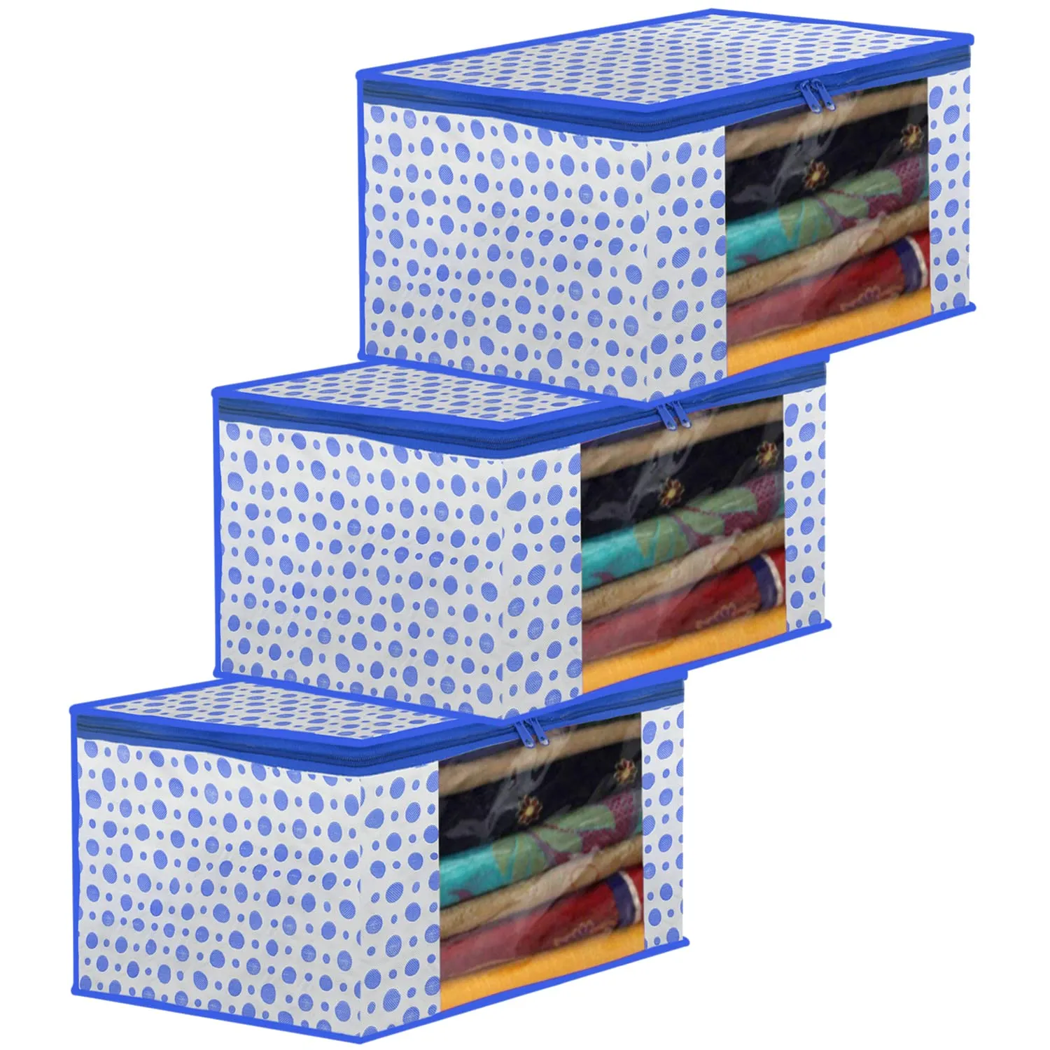 Heart Home Dot Printed Foldable, Lightweight Non-Woven Saree Cover/Organizer With Tranasparent Window- Pack of 3 (Blue)-46HH0493