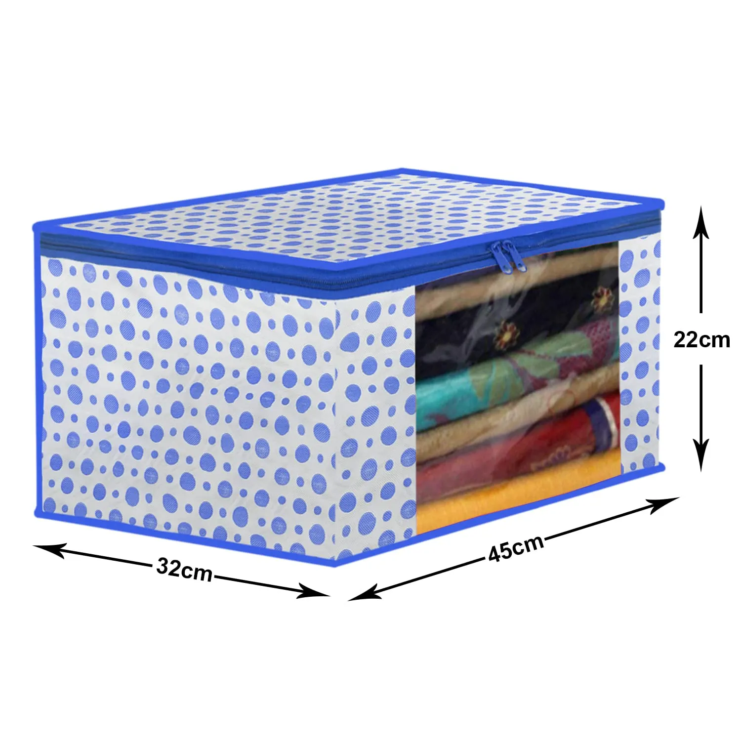 Heart Home Dot Printed Foldable, Lightweight Non-Woven Saree Cover/Organizer With Tranasparent Window- Pack of 3 (Blue)-46HH0493