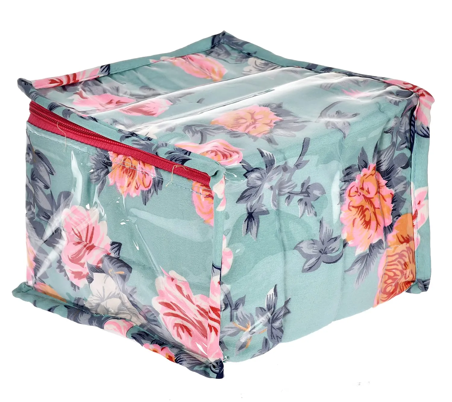 Heart Home Flower Printed Laminated PVC Multipurpose Jewellery Organizer With 10 Tranasparent Pouches (Green)-45HH022