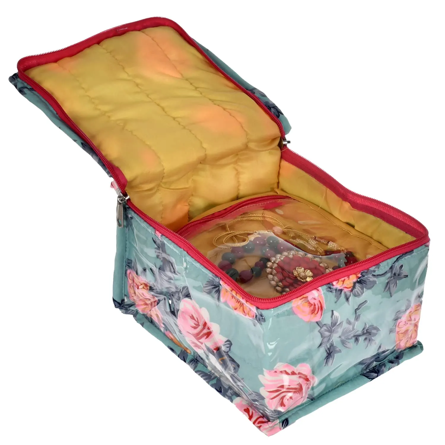 Heart Home Flower Printed Laminated PVC Multipurpose Jewellery Organizer With 10 Tranasparent Pouches (Green)-45HH022