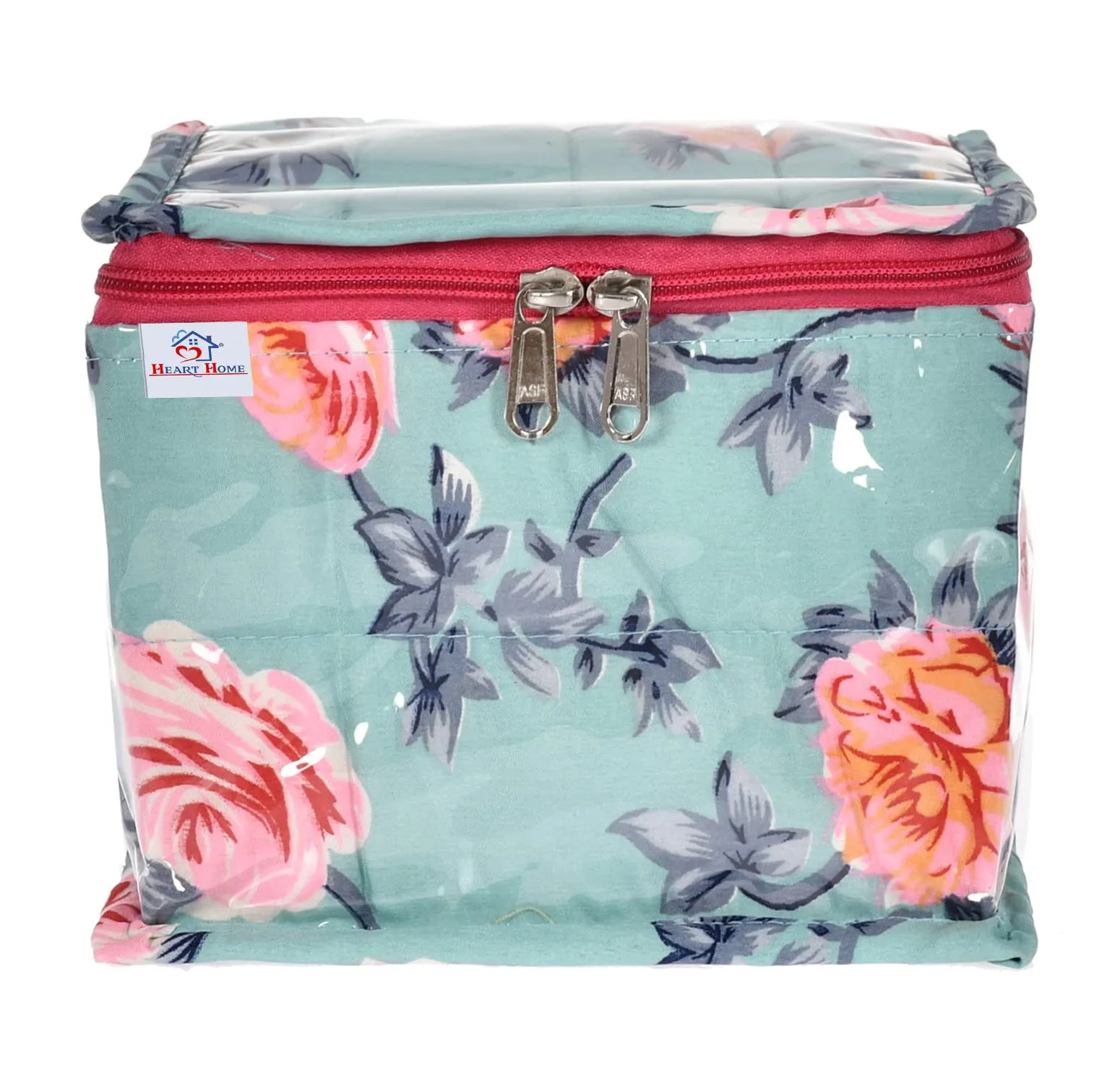 Heart Home Flower Printed Laminated PVC Multipurpose Jewellery Organizer With 10 Tranasparent Pouches (Green)-45HH022