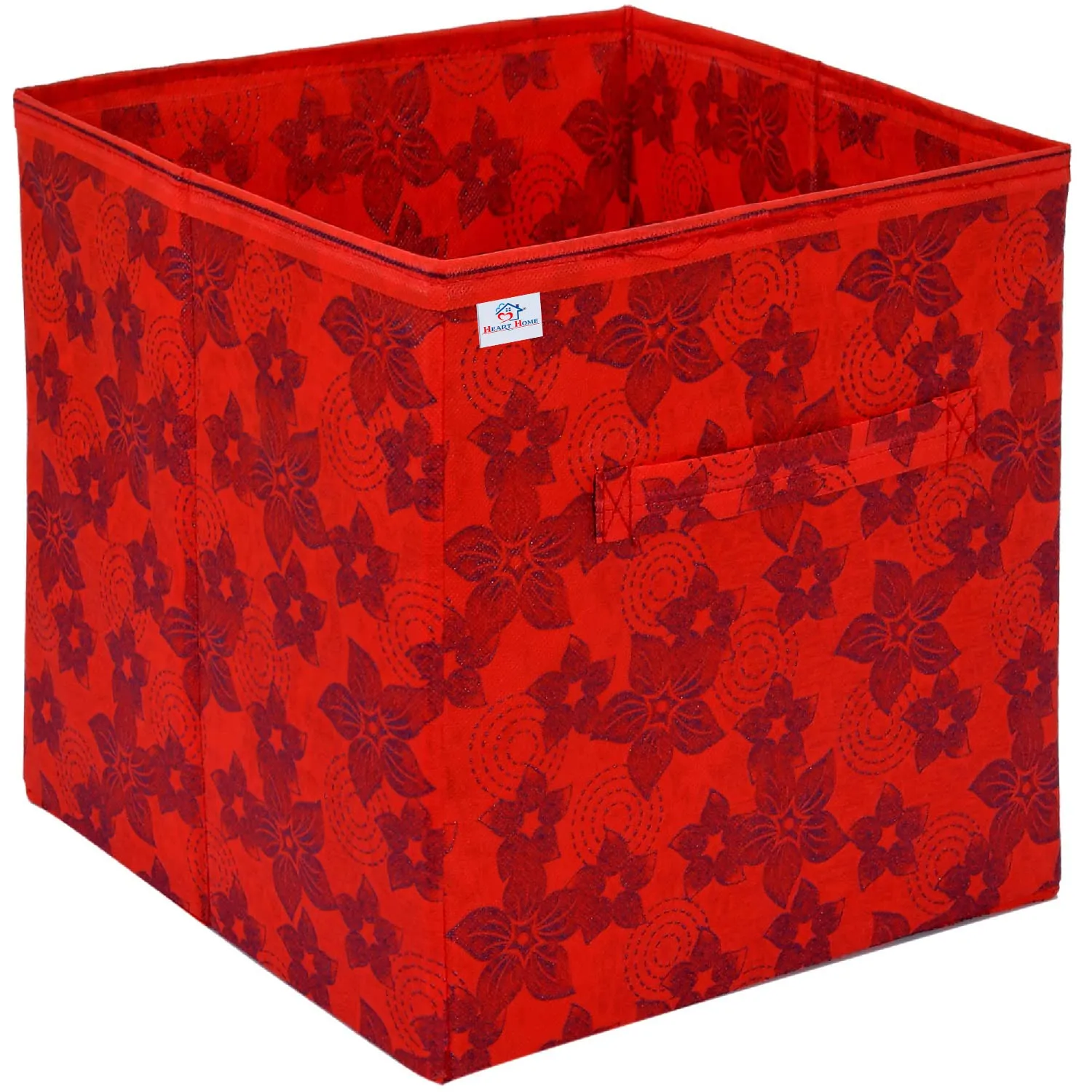 Heart Home Metalic Printed Non-Woven Storage Box/Bin With Handle- Pack of 4 (Red)-HS43HEARTH26218