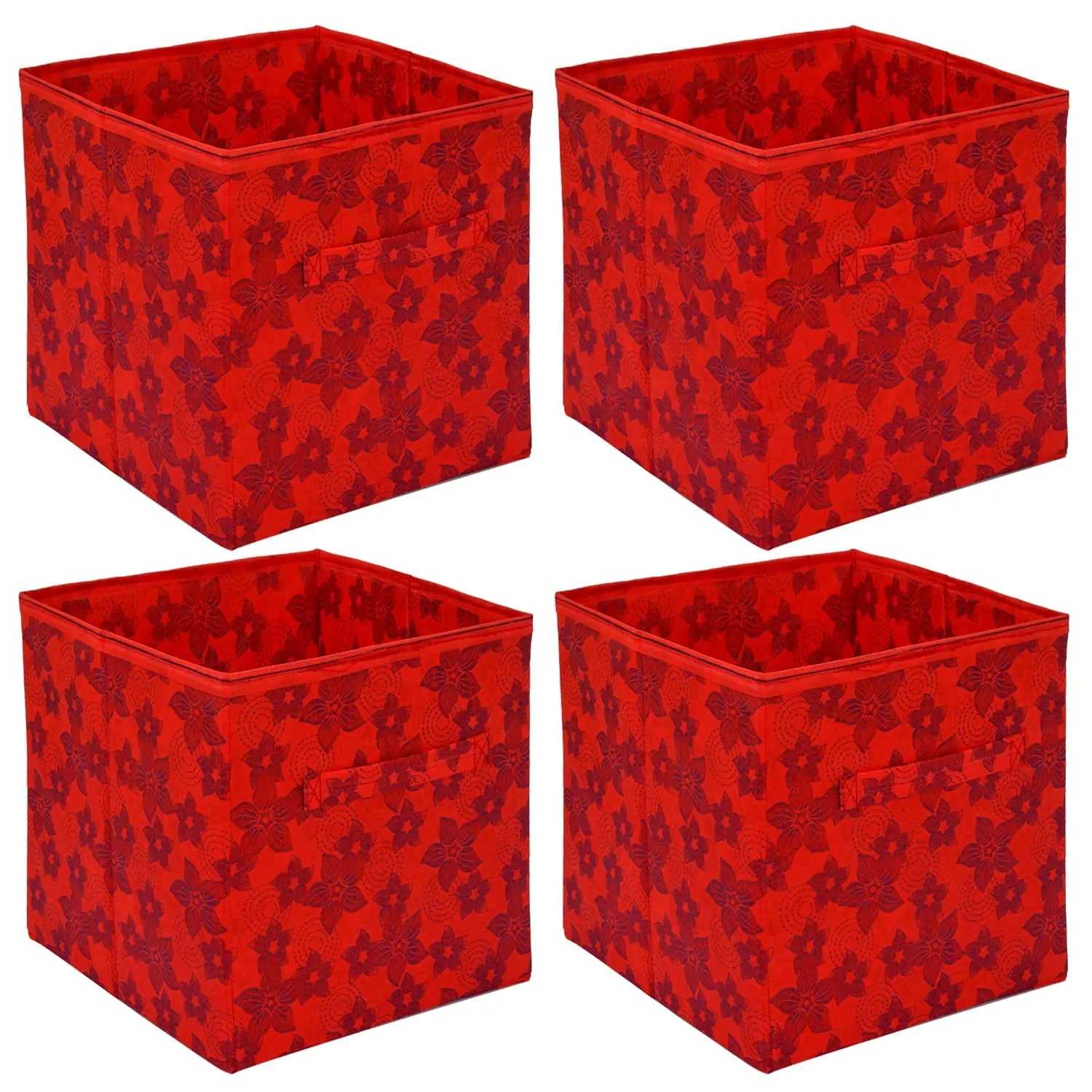Heart Home Metalic Printed Non-Woven Storage Box/Bin With Handle- Pack of 4 (Red)-HS43HEARTH26218