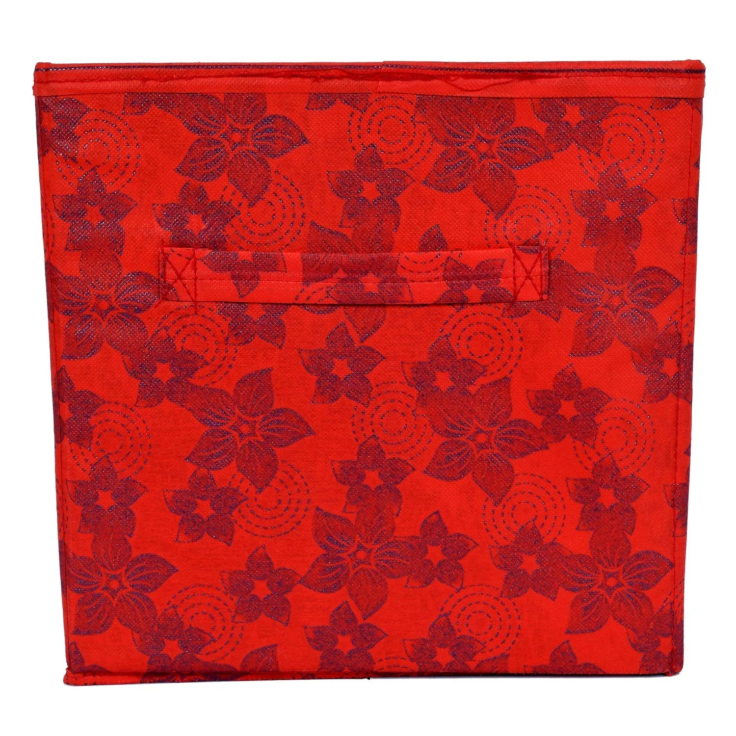 Heart Home Metalic Printed Non-Woven Storage Box/Bin With Handle- Pack of 4 (Red)-HS43HEARTH26218