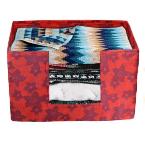 Heart Home Metallic Flower Printed Non-Woven Foldable Saree Stacker, Wardrobe Organizer, Storage Bin With Handle (Red)-HS43HEARTH26404