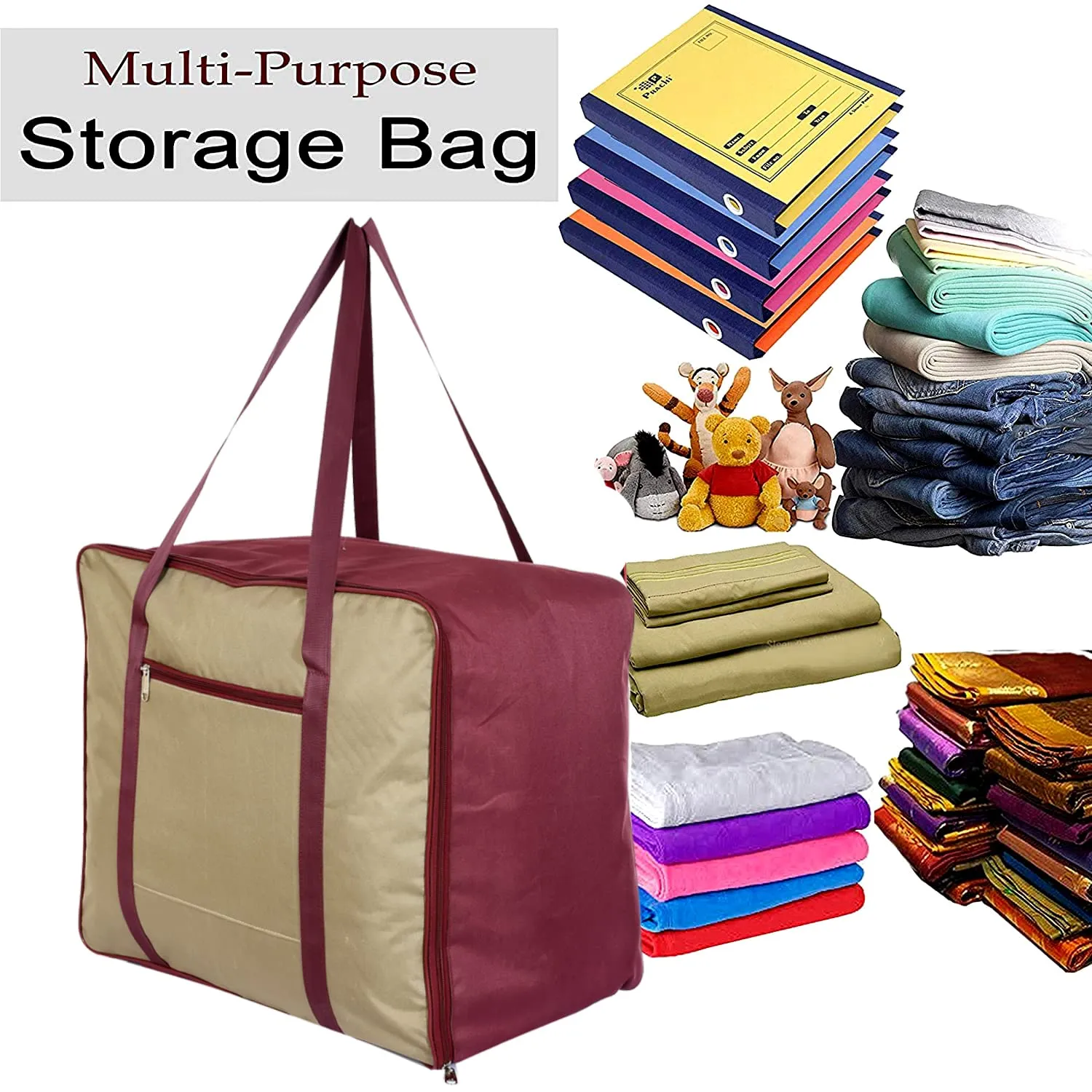 Heart Home Moisture Proof Wardrobe Organizer Storage Bag For Clothes With Zipper Closure and Handle- Pack of 2 (Brown & Maroon)-HS43HEARTH26667