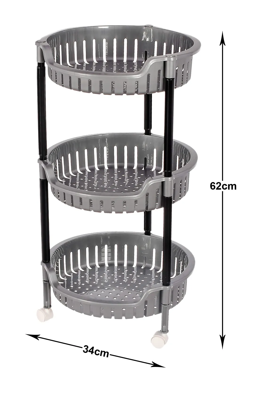 Heart Home Multiuses 3 Tier Round Plastic Storage Cart Organizer for Kitchen Laundry Room Bathroom Office with Wheels (Grey) -46KHH0258,Standard