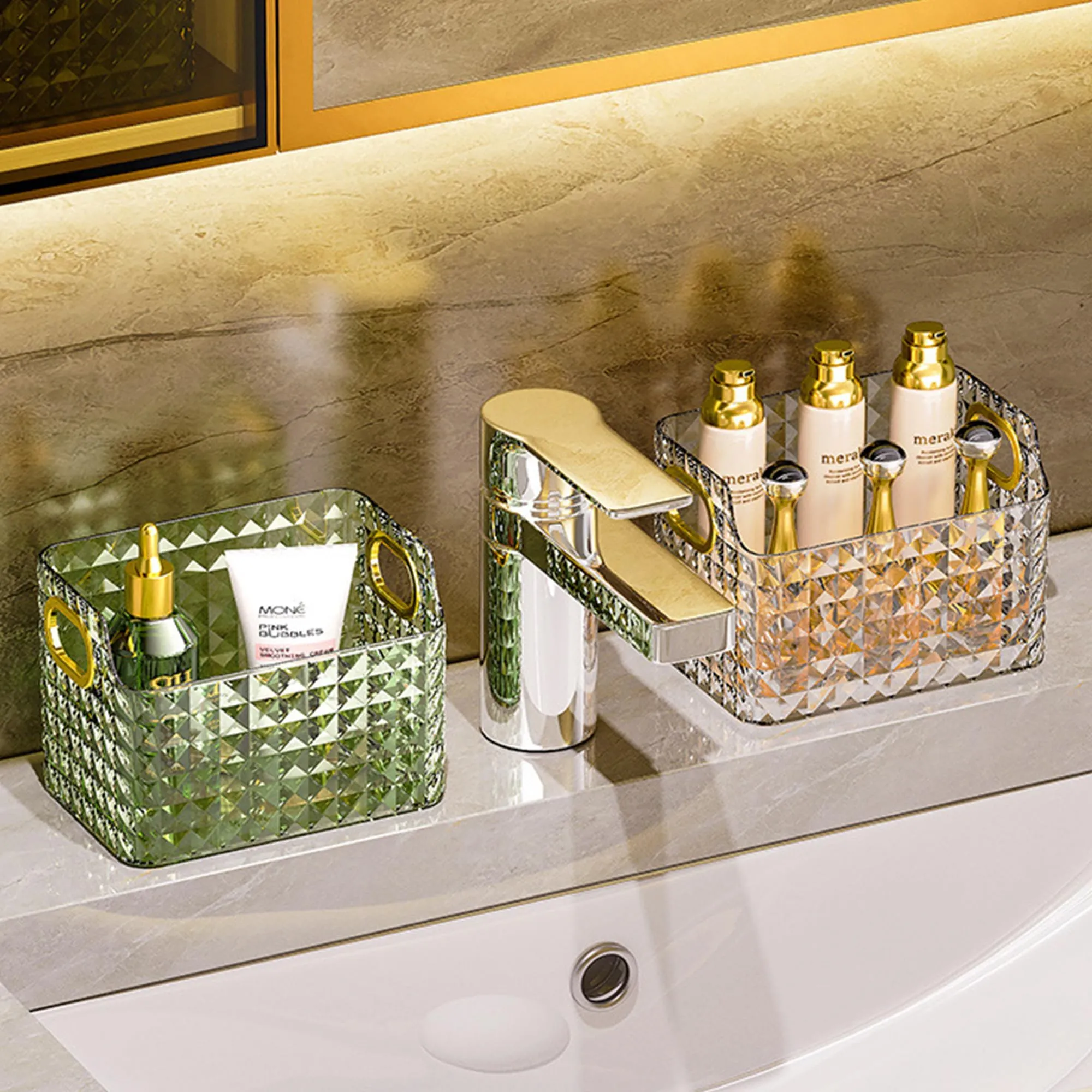 Homestic Makeup Desk Organizer | Diamond Cut Glass Finishing ABS | Multipurpose Cosmetic Organiser | large capacity | Skin Care Products Holder for Dressing Table | Dark Green