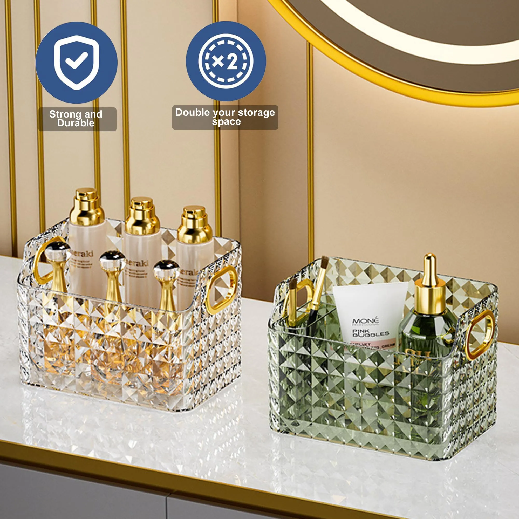 Homestic Makeup Desk Organizer | Diamond Cut Glass Finishing ABS | Multipurpose Cosmetic Organiser | large capacity | Skin Care Products Holder for Dressing Table | Dark Green