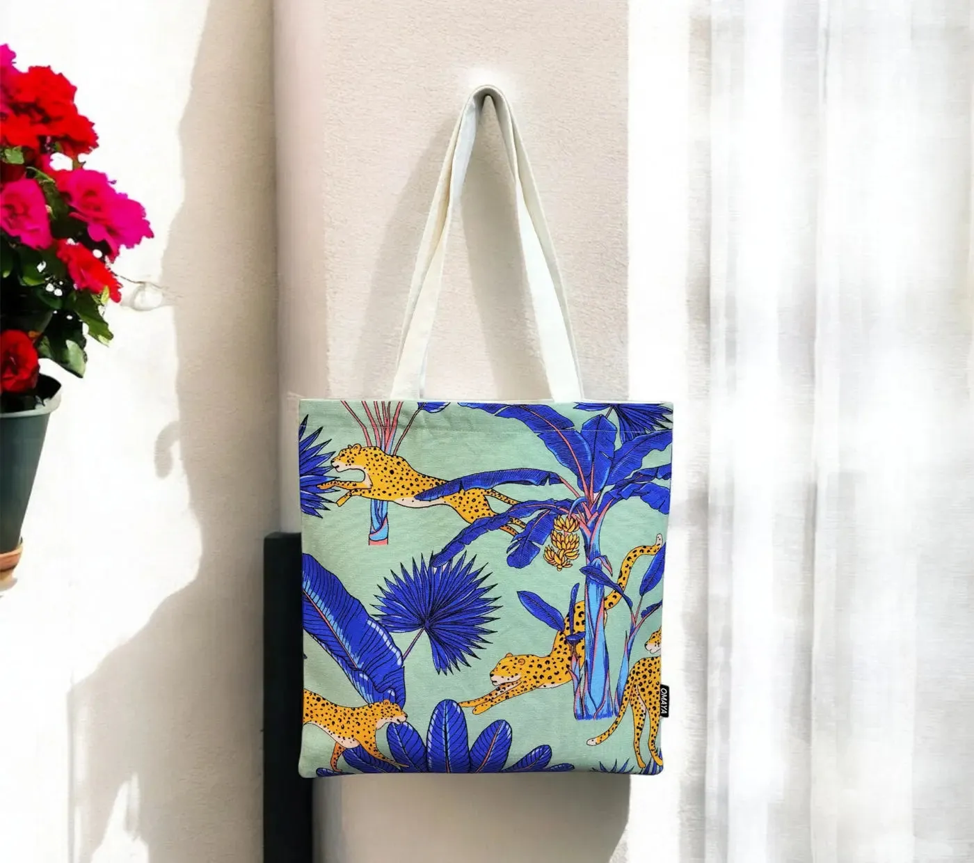 House of Omaya "Tropical Cheetah Printed Canvas Tote Bag (Size 34x36 Cms.) canvas tote bag,designer tote bag