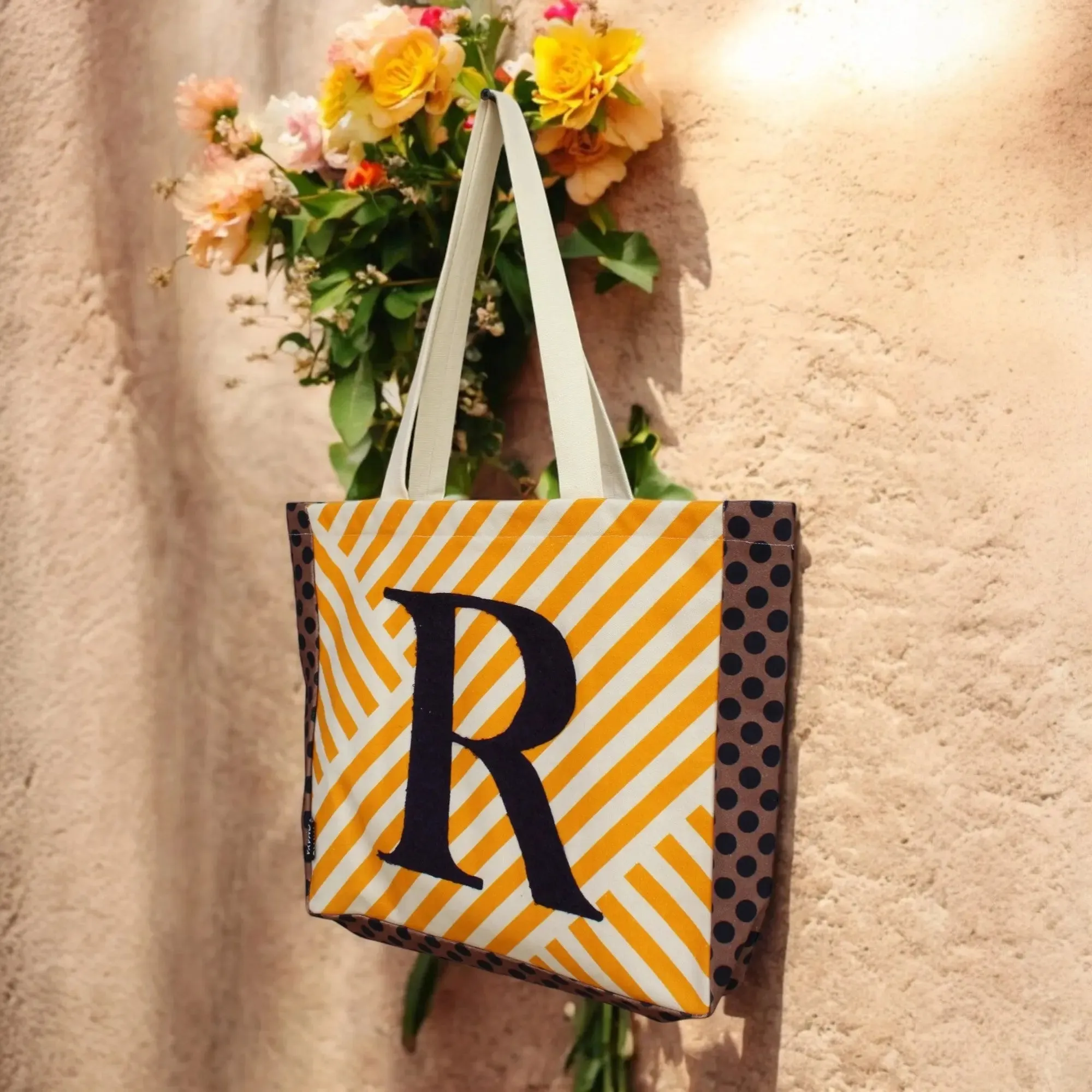 House of Omaya ( R )Alphabet Printed Customizable Embroidery Name Initial Canvas Tote bag 34x36 cm. Personalized tote bag Name Initial tote bag