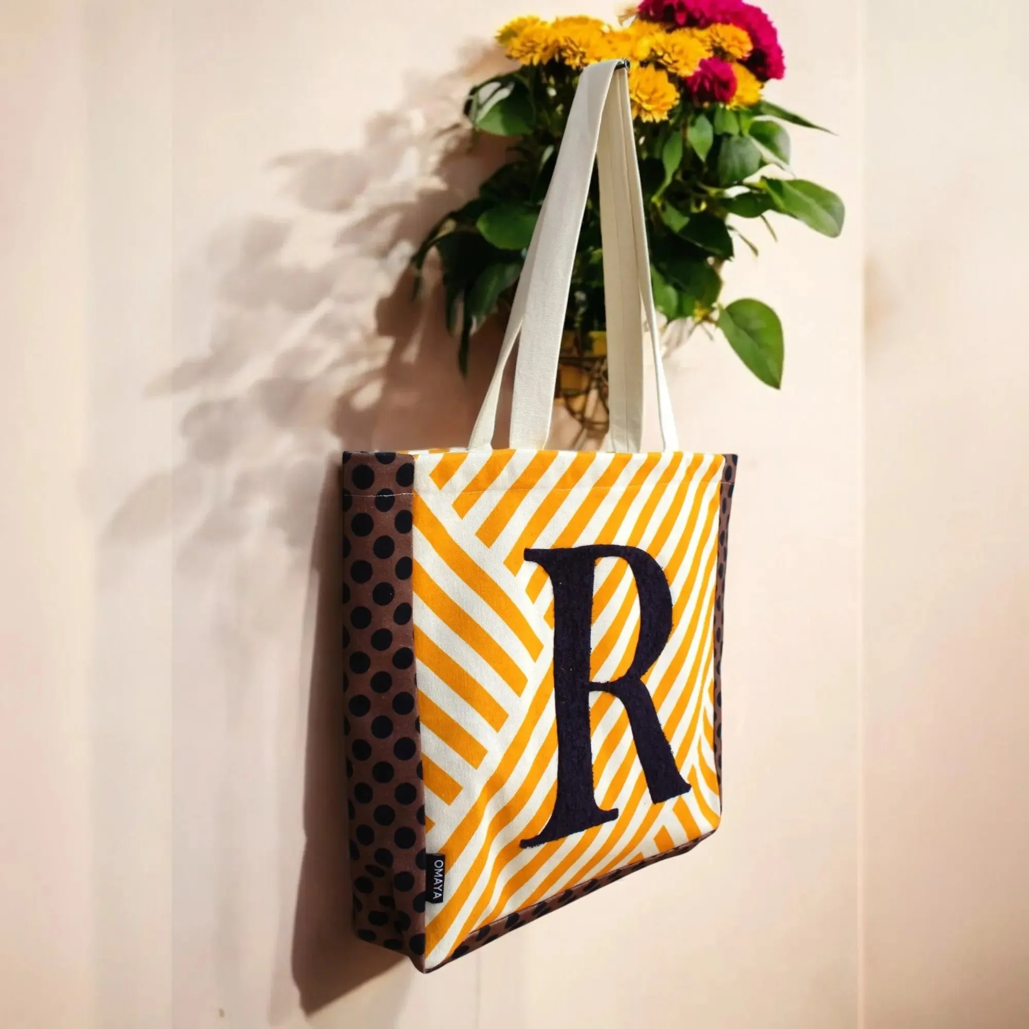 House of Omaya ( R )Alphabet Printed Customizable Embroidery Name Initial Canvas Tote bag 34x36 cm. Personalized tote bag Name Initial tote bag