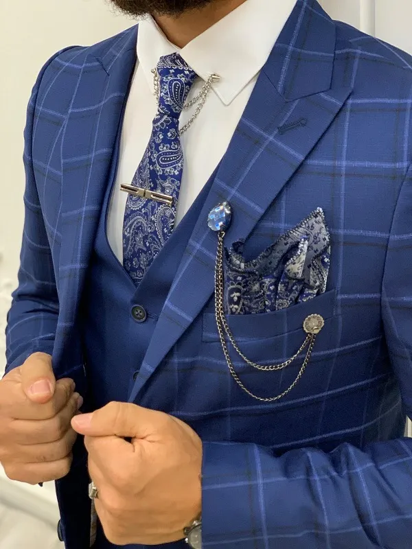 Indigo Slim Fit Peak Lapel Plaid Suit by GentWith | Worldwide Shipping