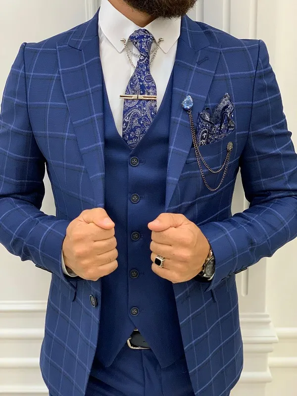 Indigo Slim Fit Peak Lapel Plaid Suit by GentWith | Worldwide Shipping