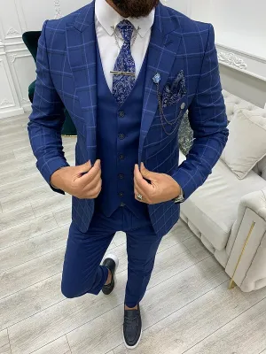Indigo Slim Fit Peak Lapel Plaid Suit by GentWith | Worldwide Shipping