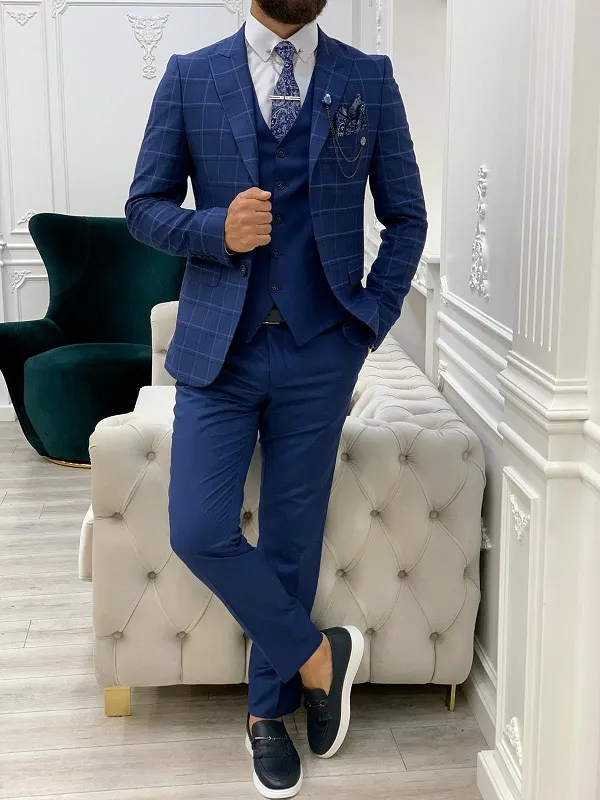 Indigo Slim Fit Peak Lapel Plaid Suit by GentWith | Worldwide Shipping