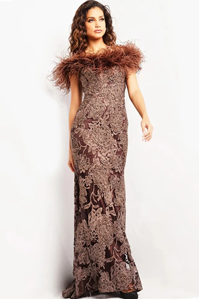 Jovani - 23030 - Brown Beaded Lace Applique Off the Shoulder Gown