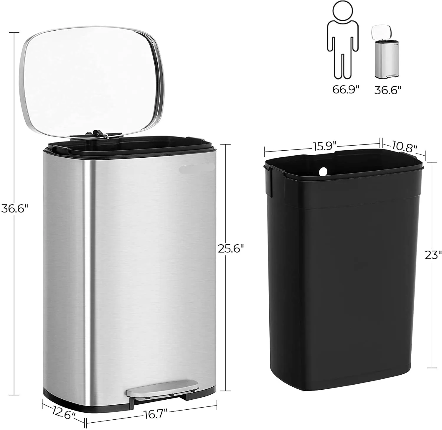 Kitchen Trash Garbage Can, Pedal Stainless Steel Rubbish Bin 13.2 Gal (50L) with Plastic Inner Bucket