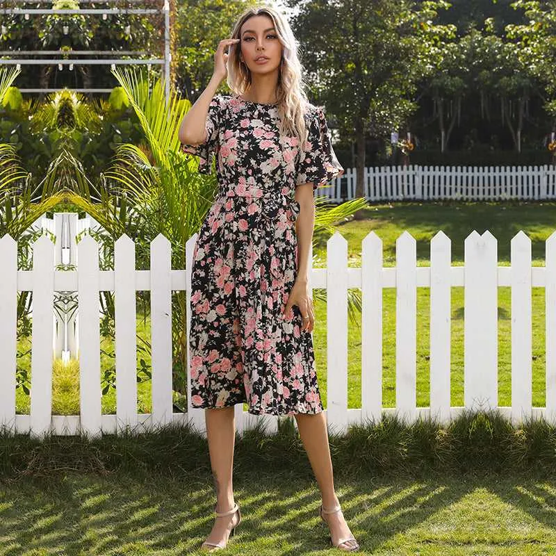 KittenAlarm - Allover Floral Butterfly Sleeve Belted Pleated Dress
