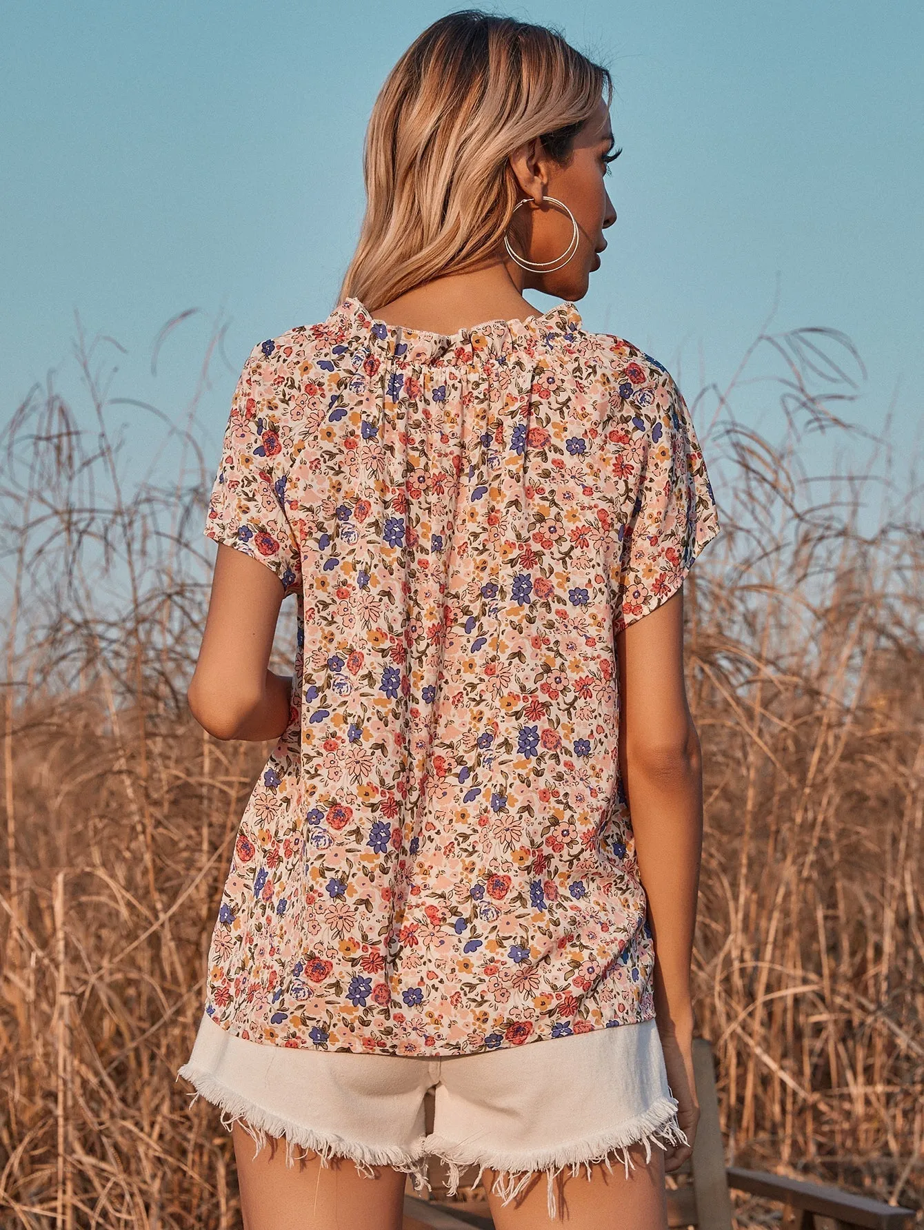 KittenAlarm - V-neck Floral Short-sleeved Chiffon Shirt Blouse
