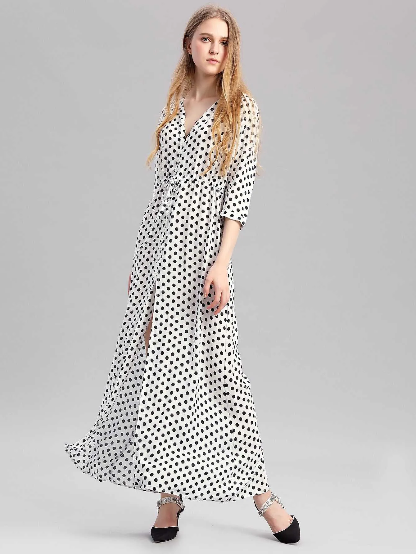 KittenAlarm - Woman's dress V Neck Loose Half Sleeve White Dot Split Elegant Female Maxi Dress,Flowy Swing Beach Dresses Spring-Summer Casual Dress L-2XL