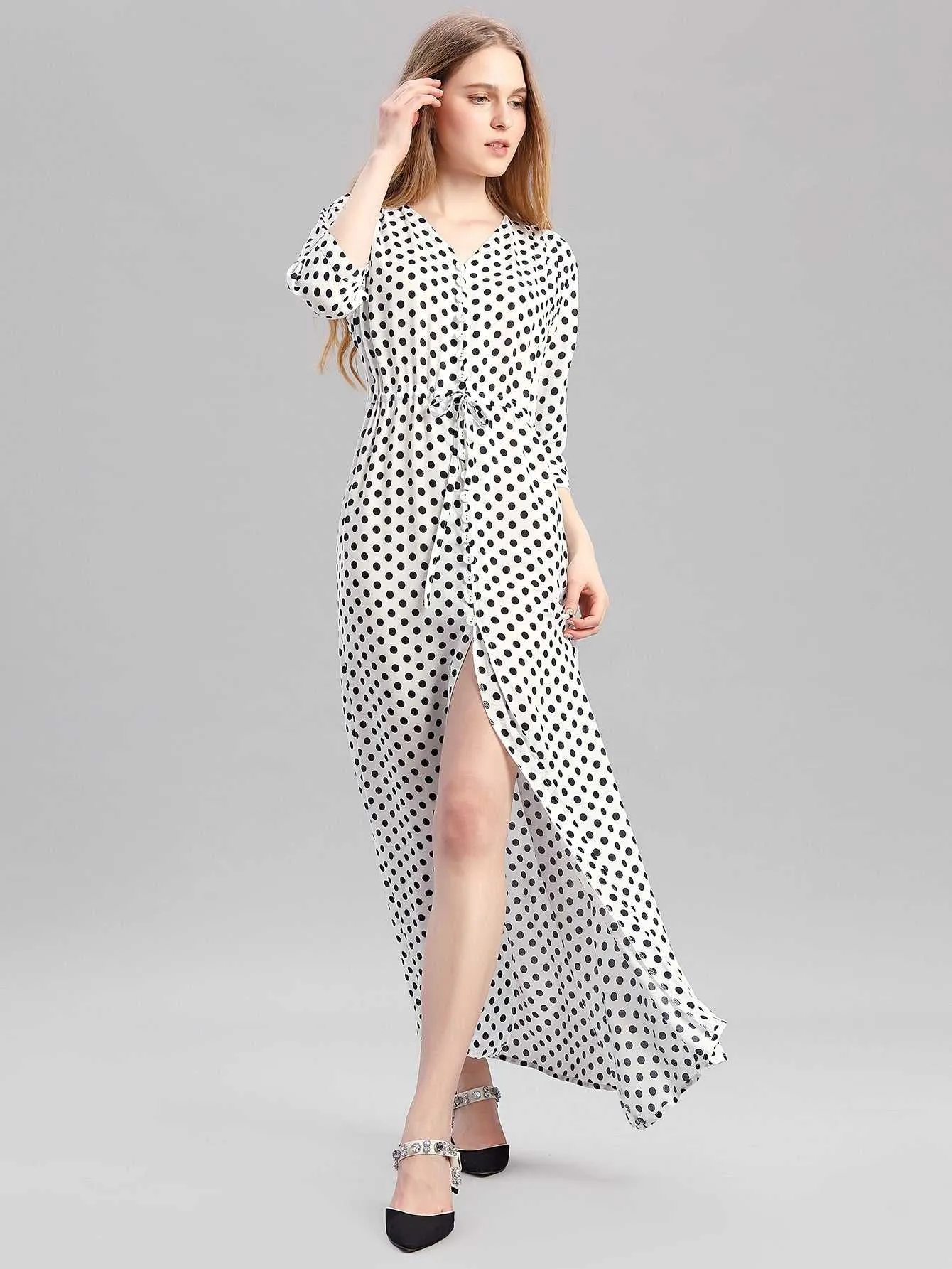 KittenAlarm - Woman's dress V Neck Loose Half Sleeve White Dot Split Elegant Female Maxi Dress,Flowy Swing Beach Dresses Spring-Summer Casual Dress L-2XL