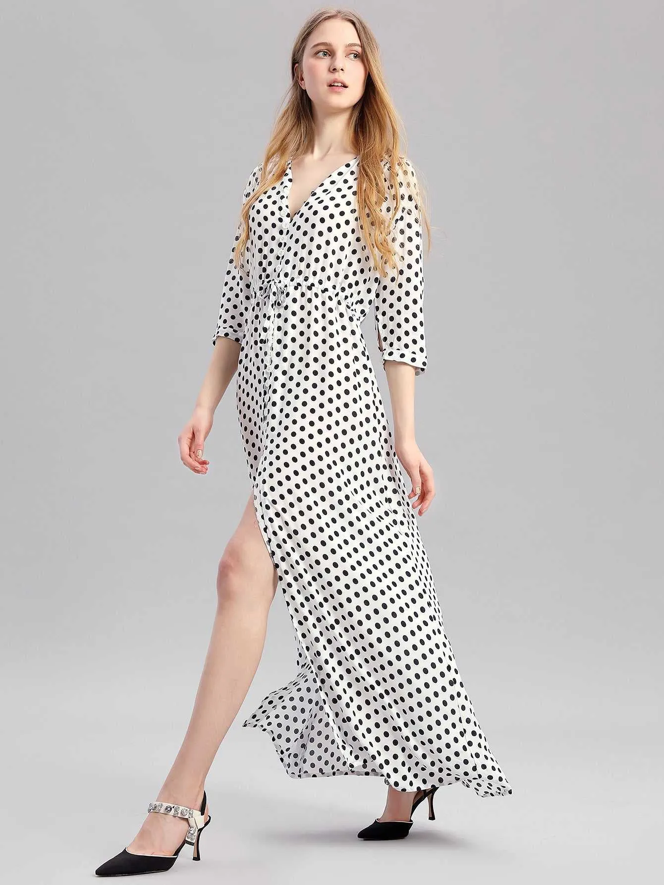 KittenAlarm - Woman's dress V Neck Loose Half Sleeve White Dot Split Elegant Female Maxi Dress,Flowy Swing Beach Dresses Spring-Summer Casual Dress L-2XL