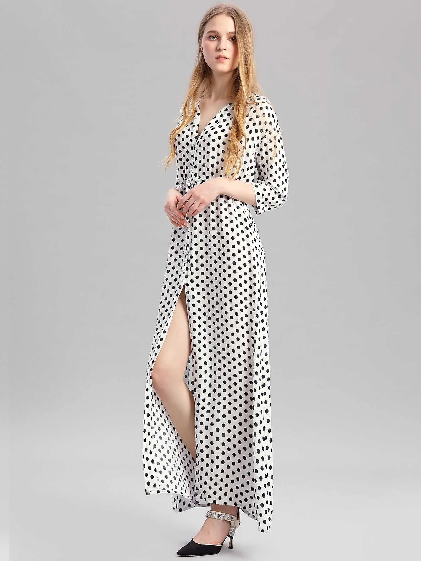 KittenAlarm - Woman's dress V Neck Loose Half Sleeve White Dot Split Elegant Female Maxi Dress,Flowy Swing Beach Dresses Spring-Summer Casual Dress L-2XL