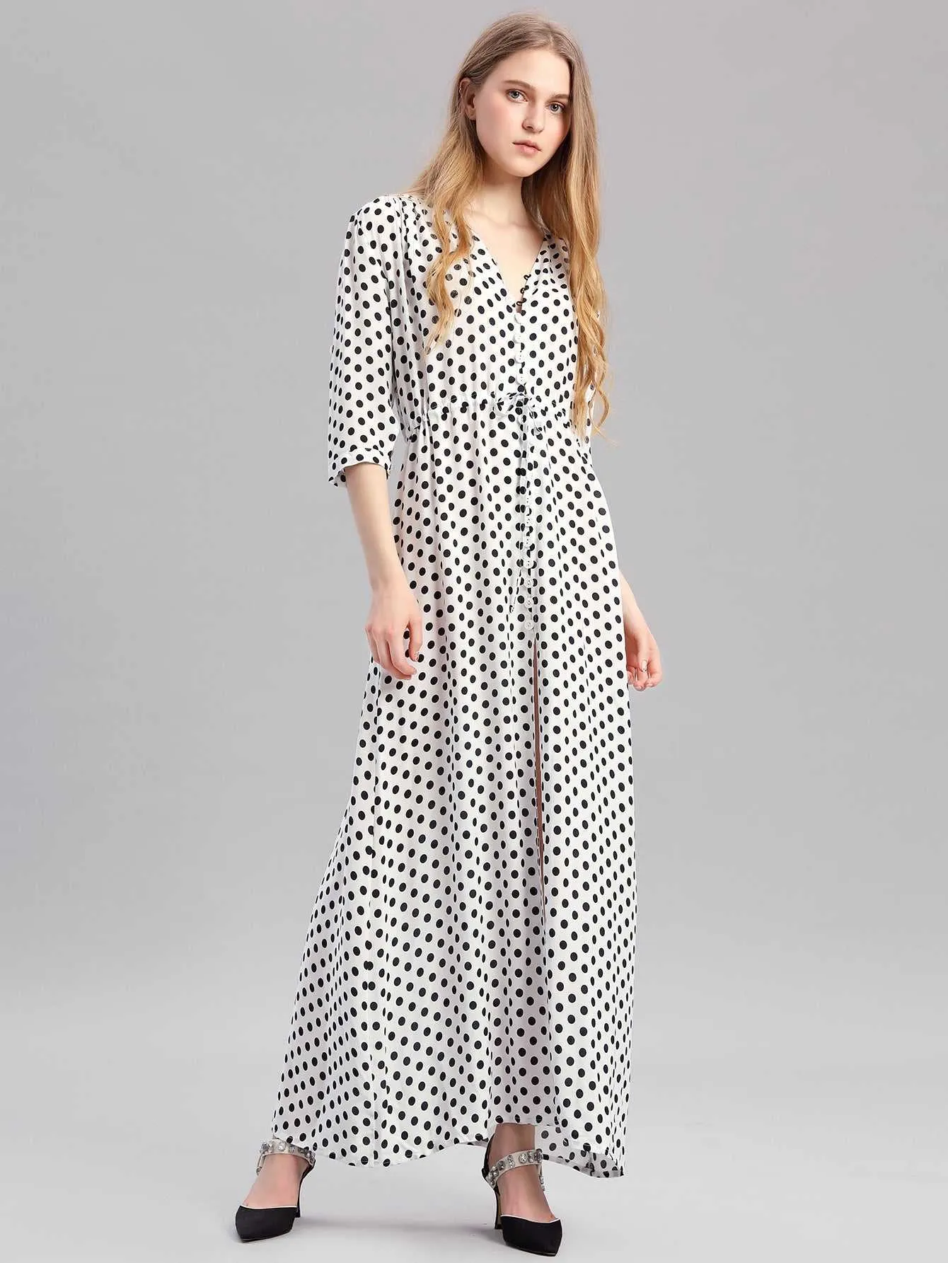 KittenAlarm - Woman's dress V Neck Loose Half Sleeve White Dot Split Elegant Female Maxi Dress,Flowy Swing Beach Dresses Spring-Summer Casual Dress L-2XL