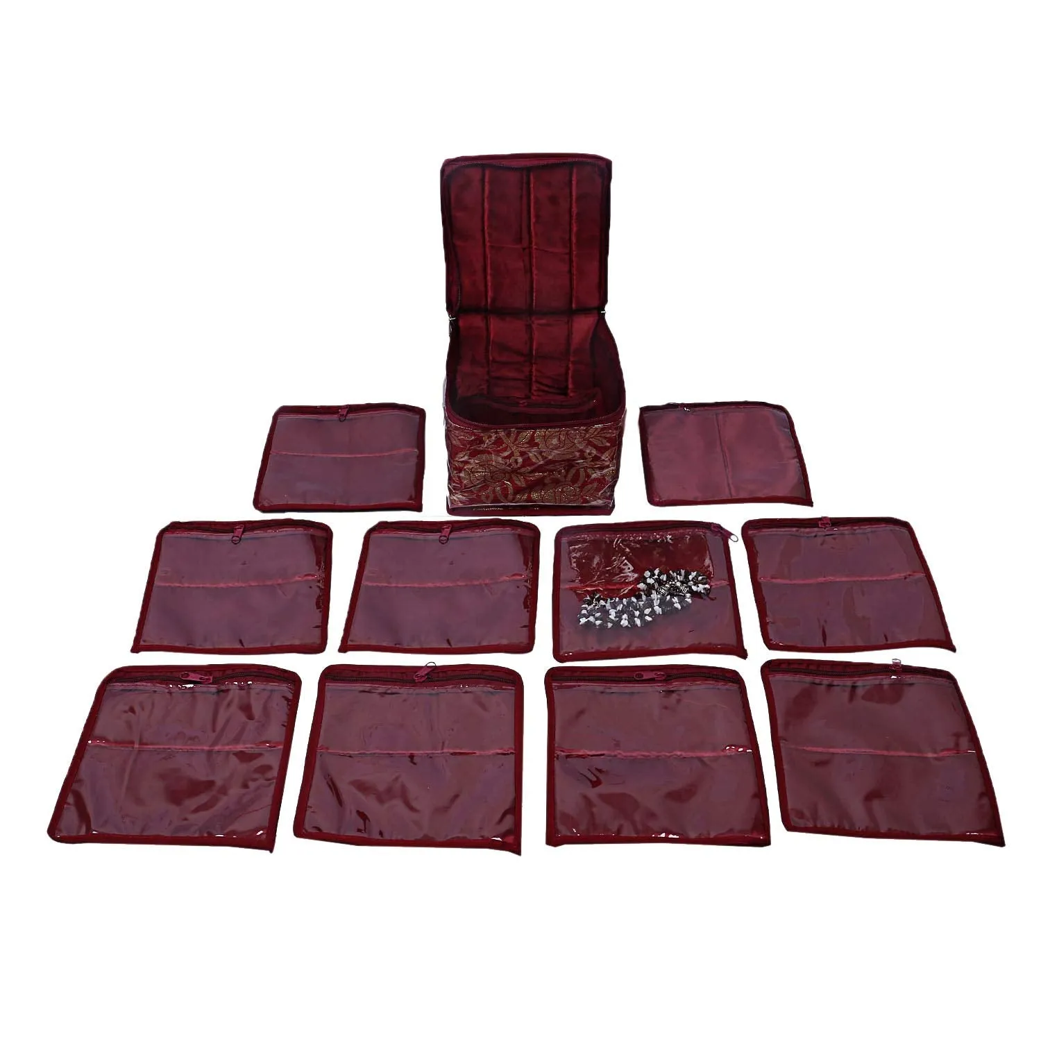 Kuber Industries Brocade 2 Piece Jewellery Box/Organizer with 10 Pouch - CTKTC025994