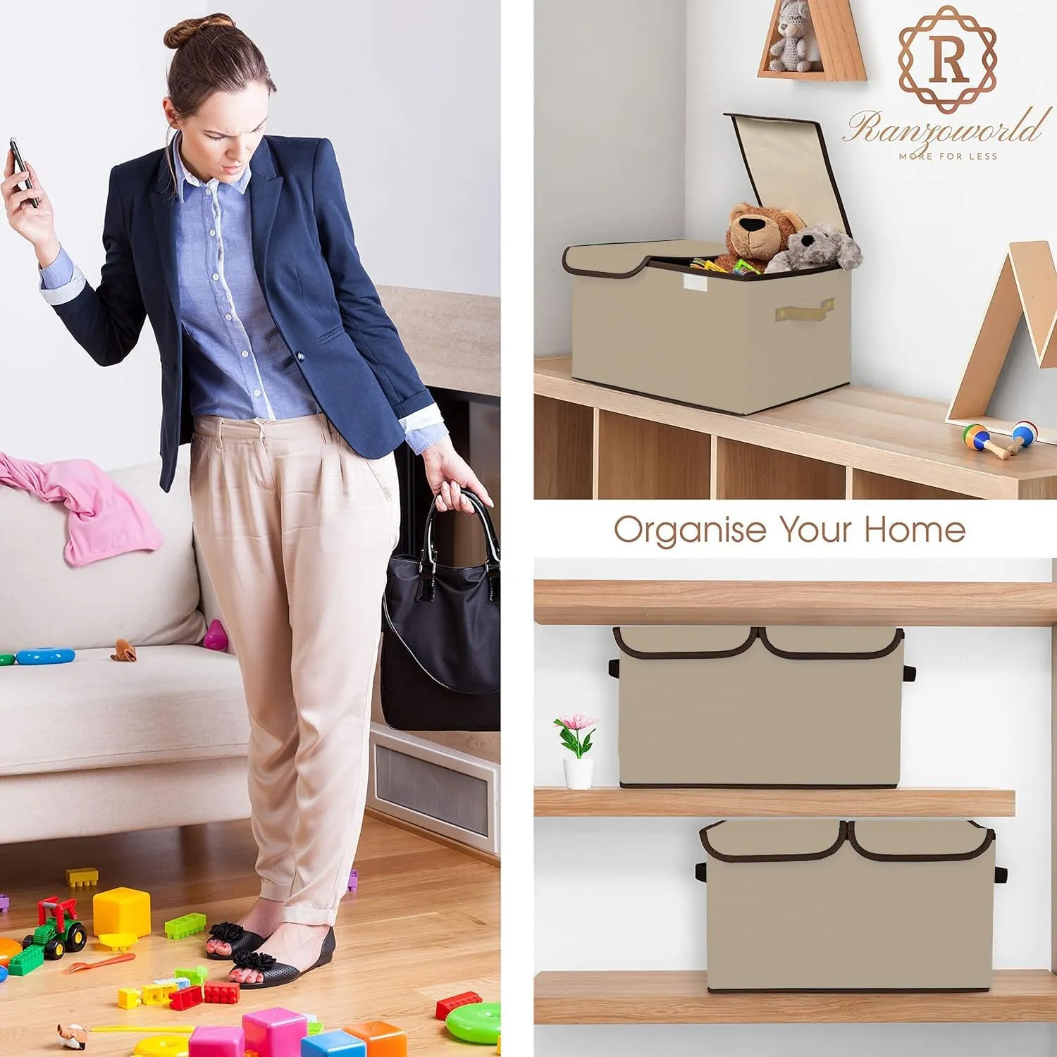 Kuber Industries Double Lid Foldable Storage Box|Toys Storage Bin|Wardrobe Organizer For Clothes|Front Handle & Stackable Pack Of-2 (Beige)