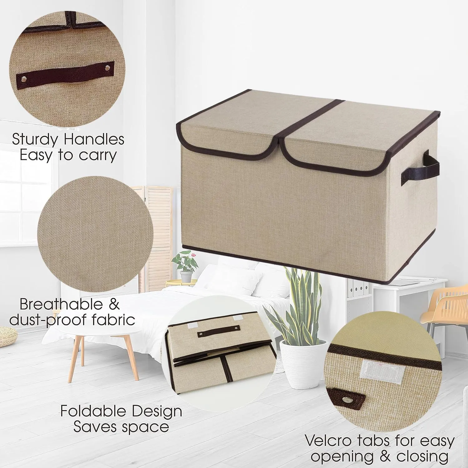 Kuber Industries Double Lid Foldable Storage Box|Toys Storage Bin|Wardrobe Organizer For Clothes|Front Handle & Stackable Pack Of-2 (Beige)